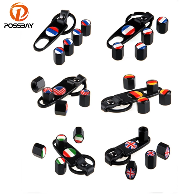 

POSSBA 4 Pcs/Set Stainless Steel Black Tire Valve Cap Flap Logo Car Wheel Airtight Tyre Tire Stem Air Cover with Keychain