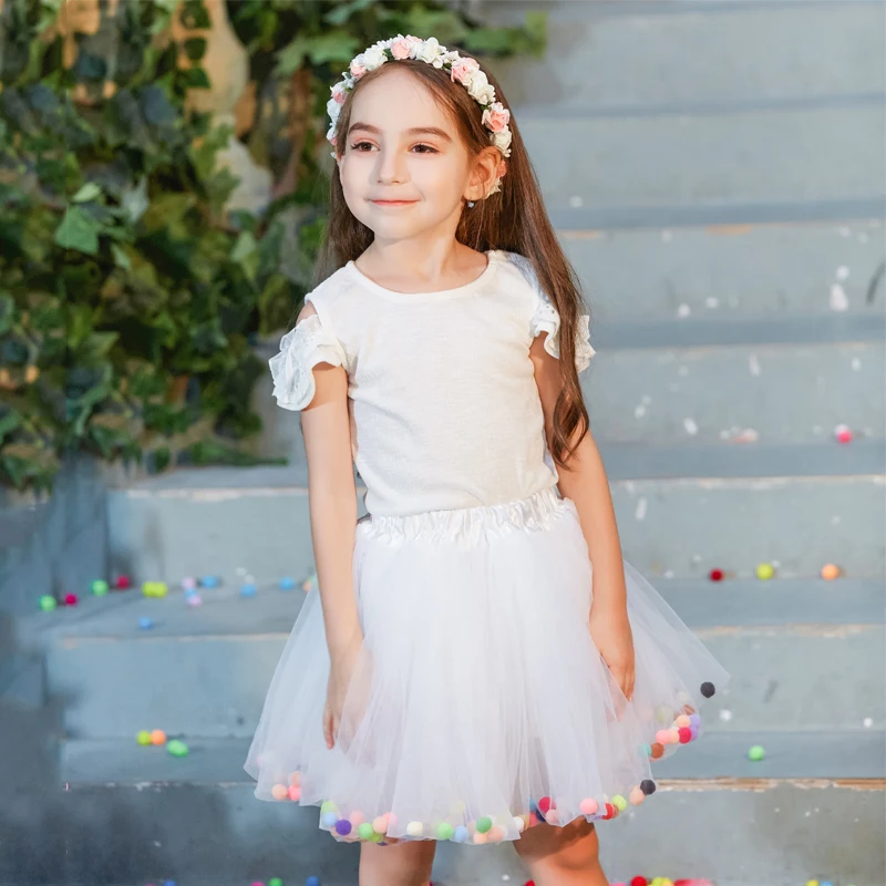 B&N Soft Chiffon Elastic Waist Girl Princess Pettiskirts Children Dance Solid Tutu Skirts Coloful Pompom Tulle Skirts For 2-8T2