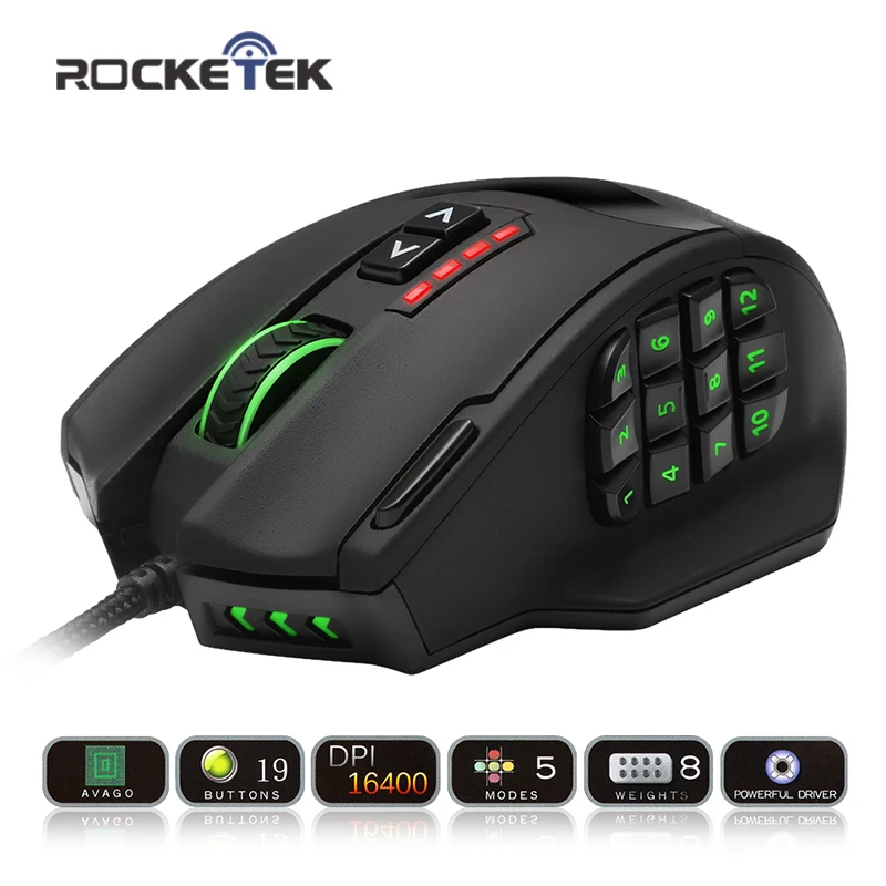 Rocketek USB Gaming Mouse 16400DPI 19 buttons ergonomic design for