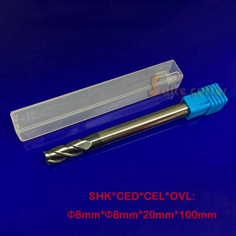 

1PC 4f Four flutes HRC55 extra long shank length 100mm tungsten carbide end mill bit CNC milling cutter 8*8*20mm Lengthen