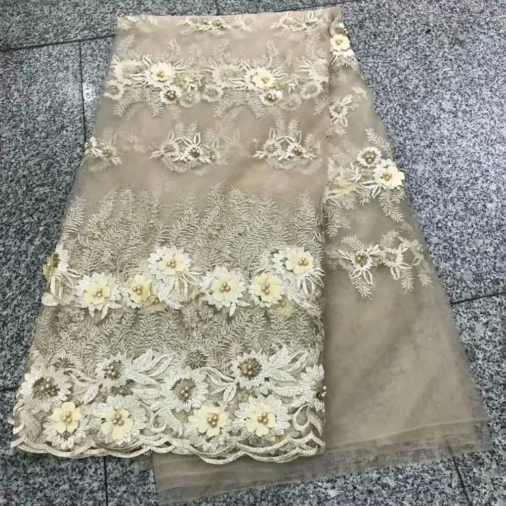 Gold Color Nigerian Lace Fabric Dubai Embroidered French Tulle Latest African 2018 With Stones And Beaded | Дом и сад