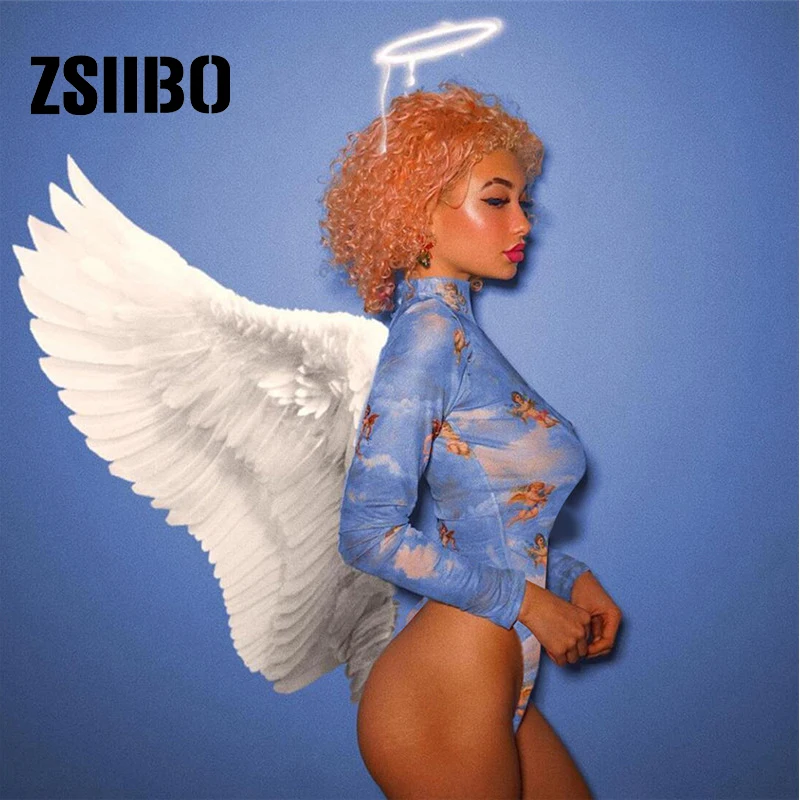 

Cupid jumpsuit women's jumpsuit 2019 sexy ladies high collar long sleeve slim short cotton fashion triangle angel print blue