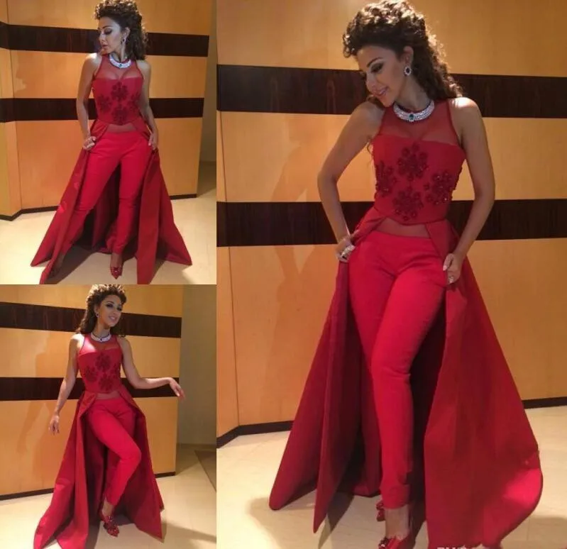 2016 Myriam Fares Dresses Red Formal Gowns Illusion Neckline Appliques Slim Fit Fashion Women Prom Dresses Without Pants