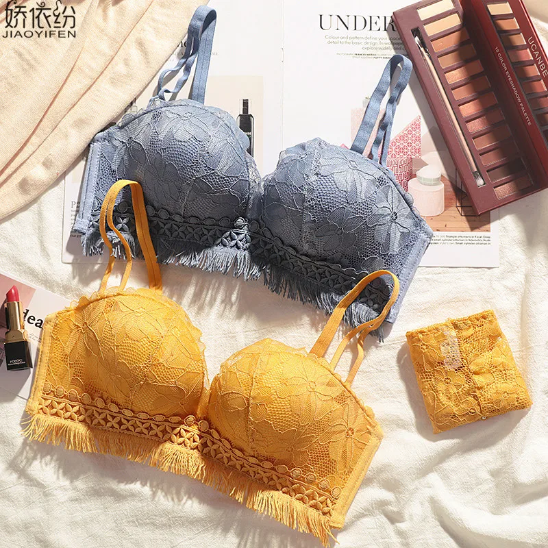  Hot Sale Lingerie Sexy Women Seamless Palm Cup Push Up Underwear Tassel Embroidery Lace Bra Set Yel