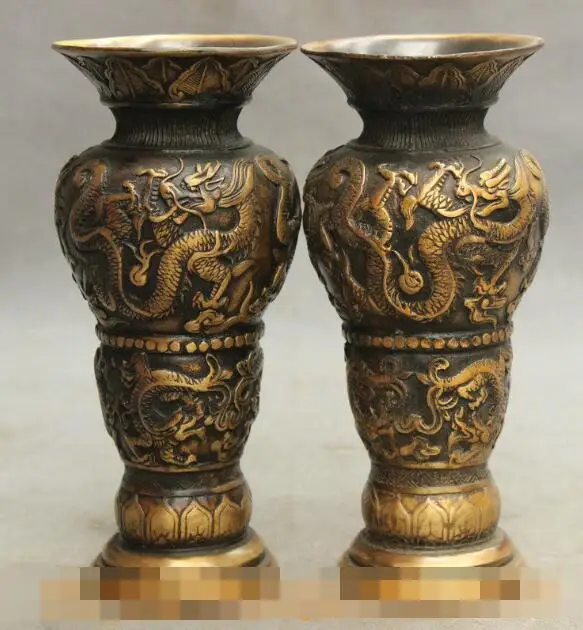

S02882 Folk Chinese Bronze Palace Decorate Fly Dragon Ball Statue Bottle Pot Vase Pair (B0413)