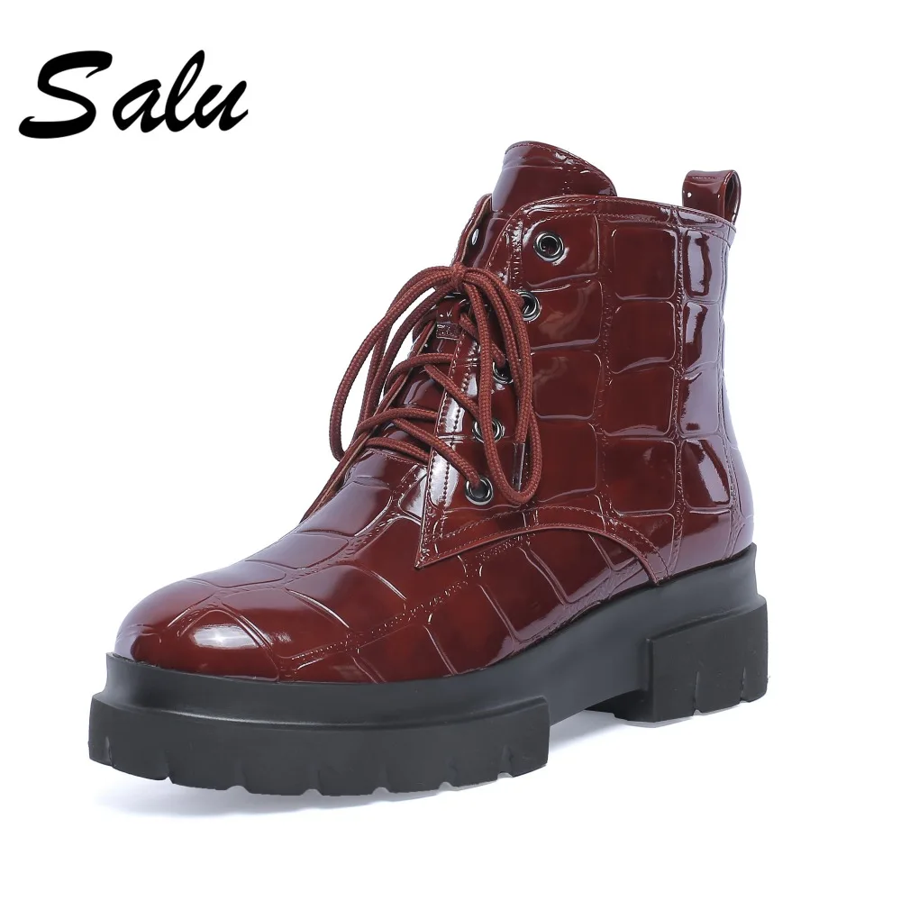 

Salu Brand 2019 Spring Autumn Black Boots Women Zipper Lace-up High Heels Genuine leather Booties Square Shoes