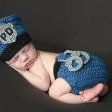 Милый крючком новорожденный синий шлем полиции с соответствующими детский подгузник комплекты реквизит хлопок