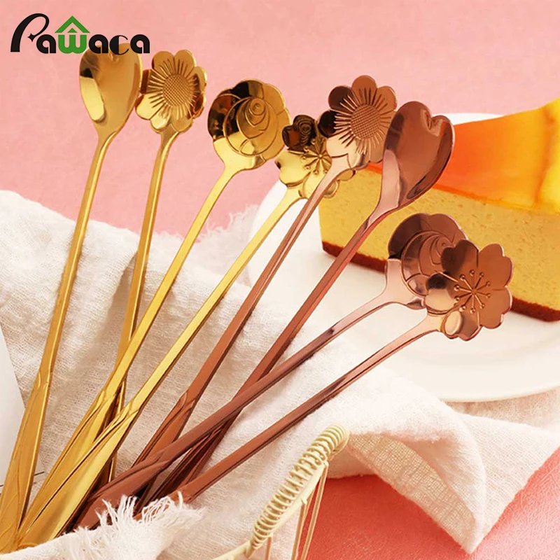 

4Pcs Stainless Steel Spoon Set with Long Handle Flowers Heart Shape Ice Tea Coffee Spoon Dessert Spoon Kitchen Drink Tableware
