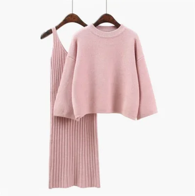 

2018 Autumn Womans Sweater + Straped Dress Sets Solid Color Female Casual Two-Pieces Suits Loose Sweater Knit Mid Dress Winter