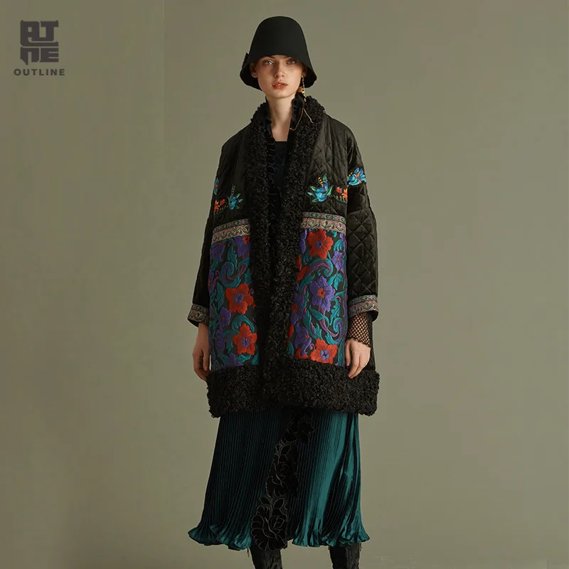 Outline Women Winter Black Casual Cotton Clothes Pockets Embroidery Splice Patch Floral Full Sleeve Plus Design Parkas L184Y002
