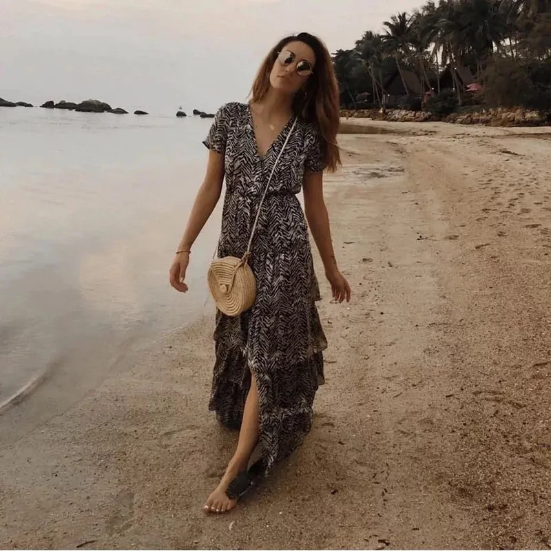 

Women Silk Party Dress Print Short Sleeve V Neck Long Layered Dress