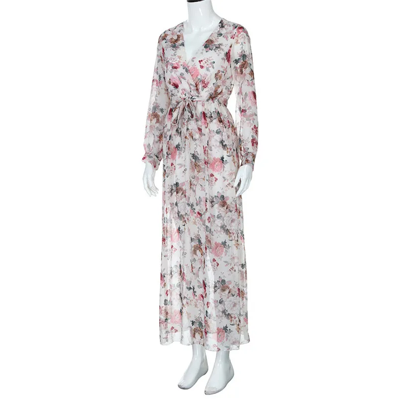 Women Summer Sexy Chiffon Maxi Long Sleeved Dress Vintage vestidos Dress V Neck Floral Print Beach Party Dress #4M22 (11)