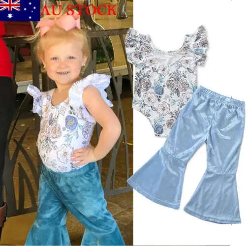 2Pcs Set Kid Baby Girl Romper Tops T Shirt Flare Long Pants Outfits