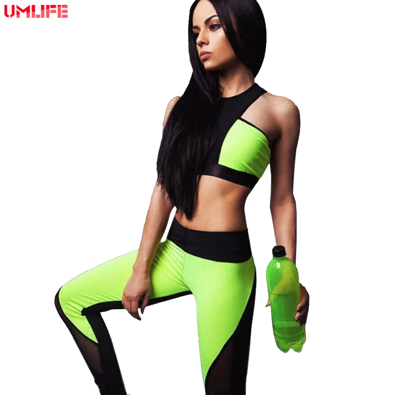 UMLIFEUMLIFE 2 PCS Mesh Women Yoga Sets Yoga Pants Set Spandex Quick