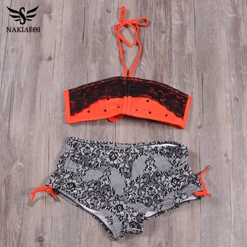 

NAKIAEOI Sexy Bikini 2019 Swimwear Women Swimsuit Bandage Print Green Halter Top Brazilian Bikinis Set Padded Bathing Suits