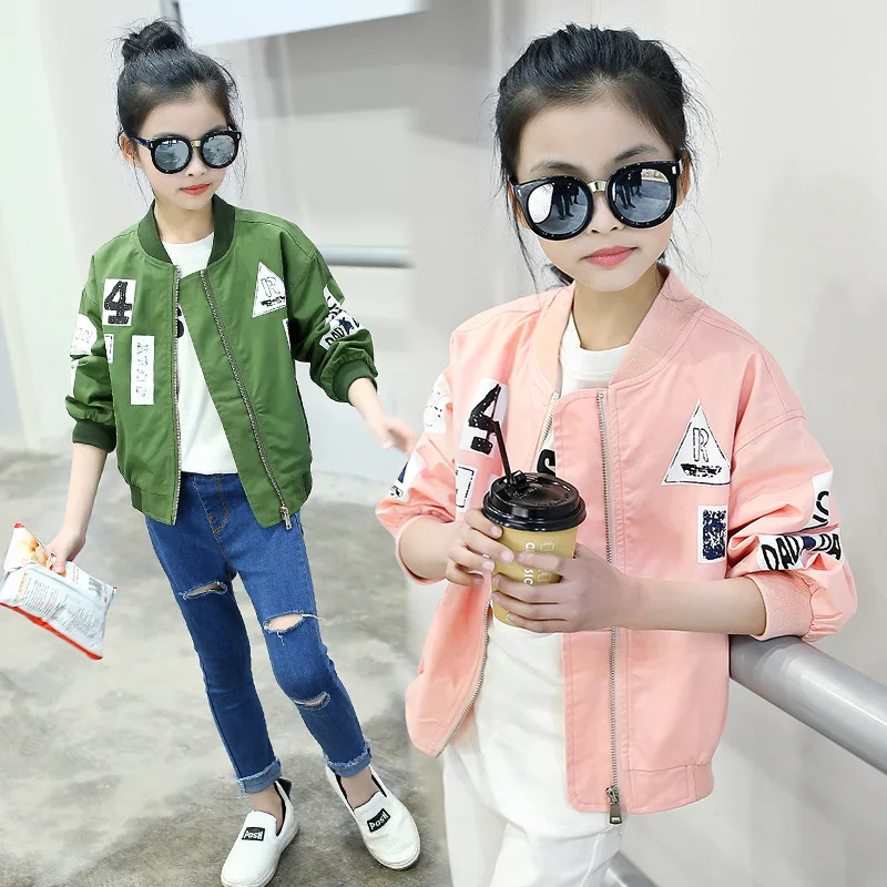 

Girls Baseball Coat Spring Autumn Baby Baseball Jacket Kid Sport Suit Long Sleeve Letter Pink&Green Coat School Children Outwear
