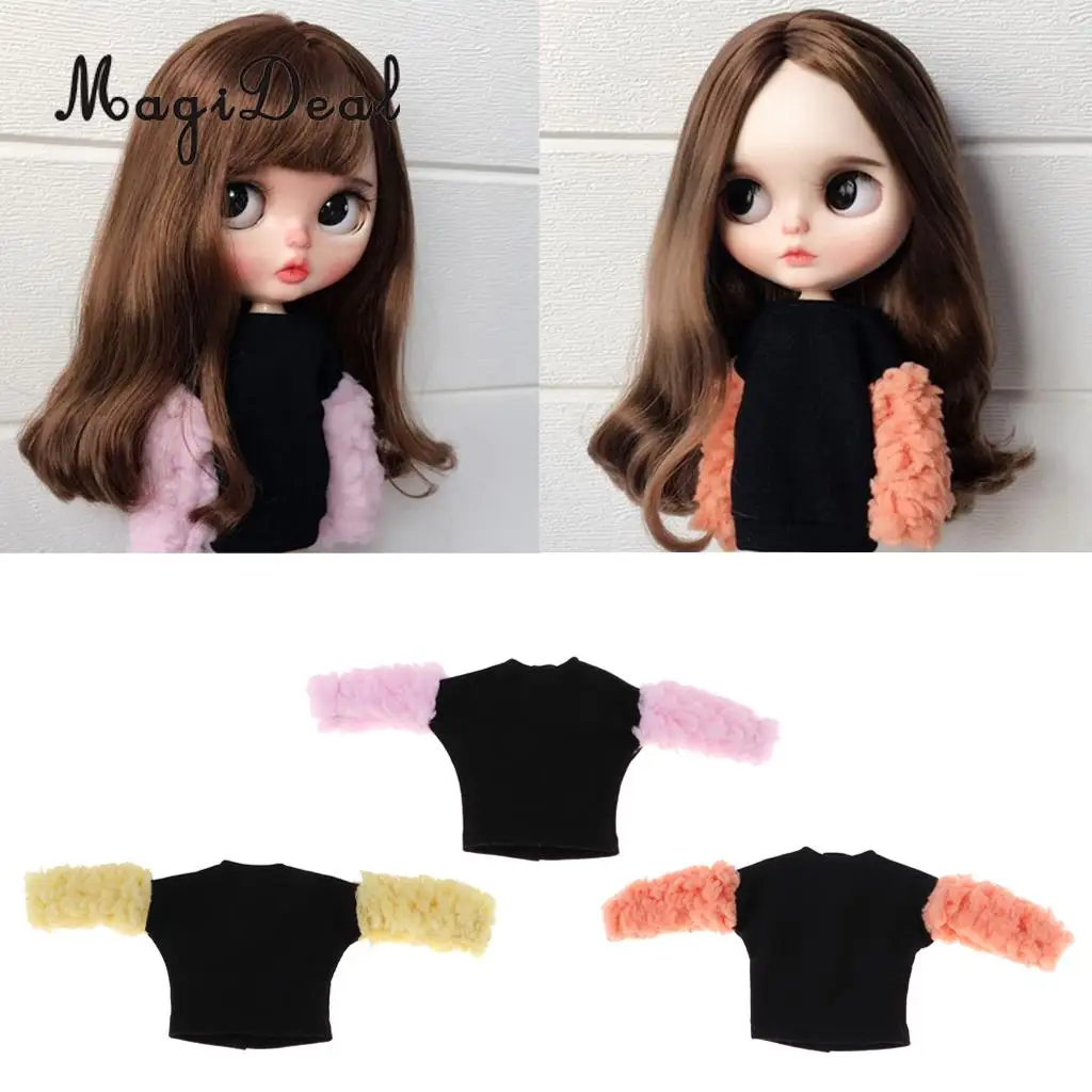 1/6 Stylish Winter Outfits Splicing Plush Sleeve Pullover Sweatshirt Tops T-shirt Coat Jacket For Blythe 12inch Dolls Garments