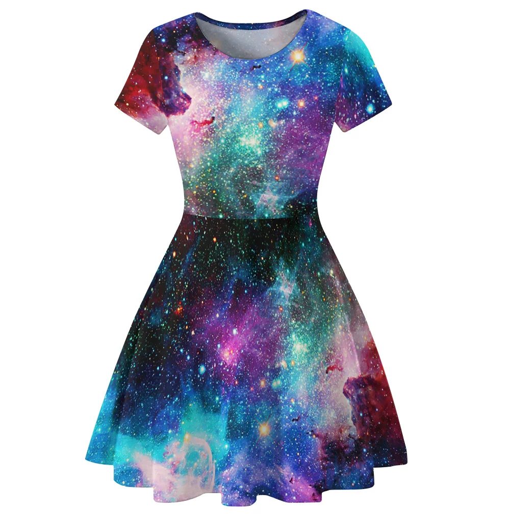 Summer Short sleeved Round Neck Mini Dress Galaxy/space Print Dress ...