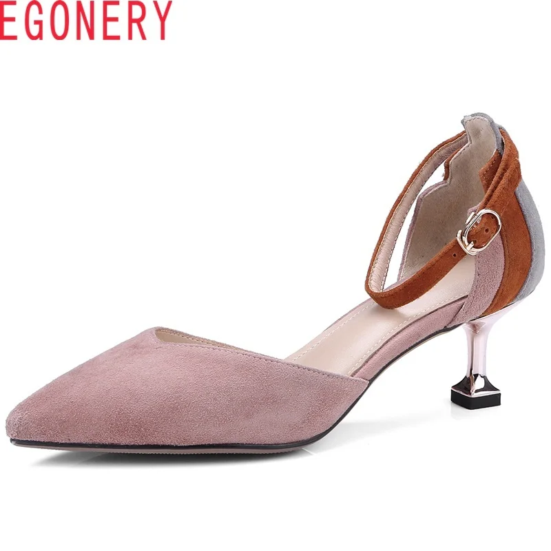

EGONERY 2018 summer new fashion concise sexy kid suede pumps thin cover heel pointed toe buckle strap comfortable casual shoes