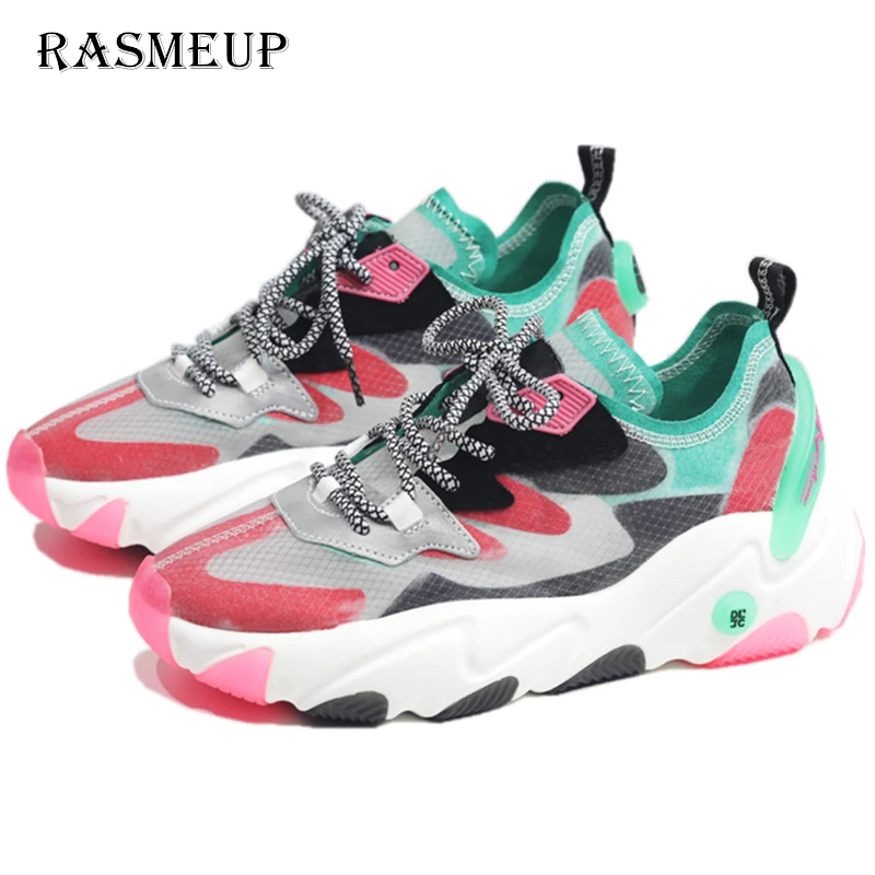Tanie RASMEUP platforma damska trampki prawdziwej skóry Mesh kobiety Chunky buty 2019 luksusowy design oddychające damskie tenisówki na co dzień