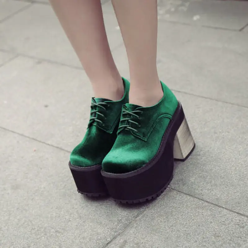 

Gothic Womens Velvet Lace Up High Platform Block Heels Shoes Pumps Oxfords Cosplay Black Green A114
