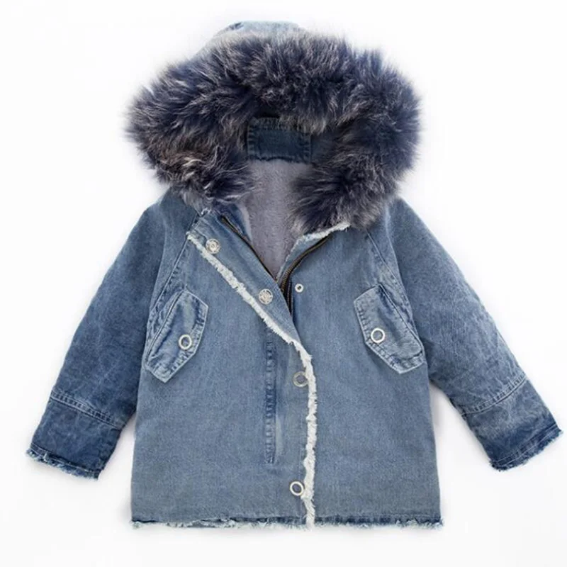 

Winter girls fur hooded cowboy jacket for boys girls thick warm collar coat for boys kids outwear teens children clothes 2018