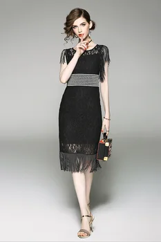 

2017 Summer Party Elegant Dresses High Quality Sexy Lace Sleeveless Patchwork Tassel Dress Slim Dresses