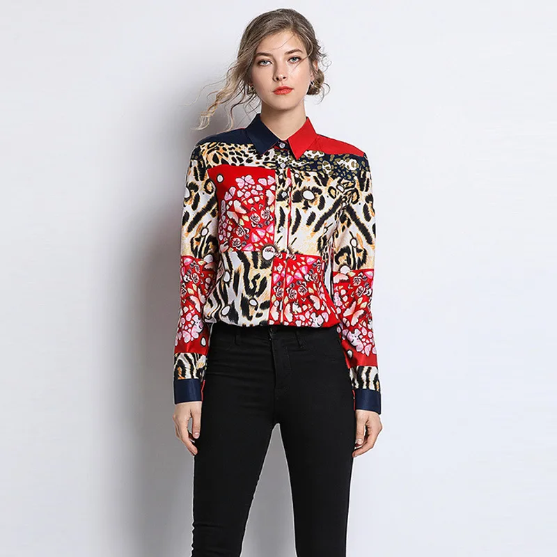 

2019 New Spring Fashion Women Blouses Casual Stylish Plaid Leopard Floral Print Turn-down Collar Long Sleeves Shirts Chiffon