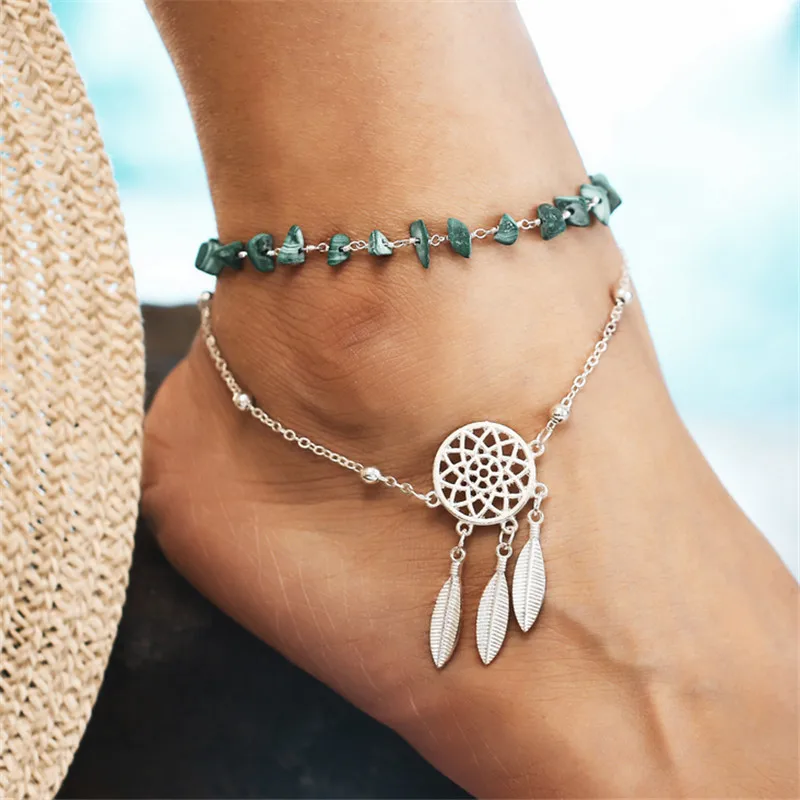 

WWLB Brands Silver Color Feather Ankle Bracelet On The Leg Fashion enkelbandje Stone Anklet Double Layer cavigliera Jewelry Gift