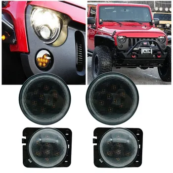 

White halo Ring LED Front Turn signal light Yellow Amber Light Fender Side light Combo Lens for Jeep Wrangler JK