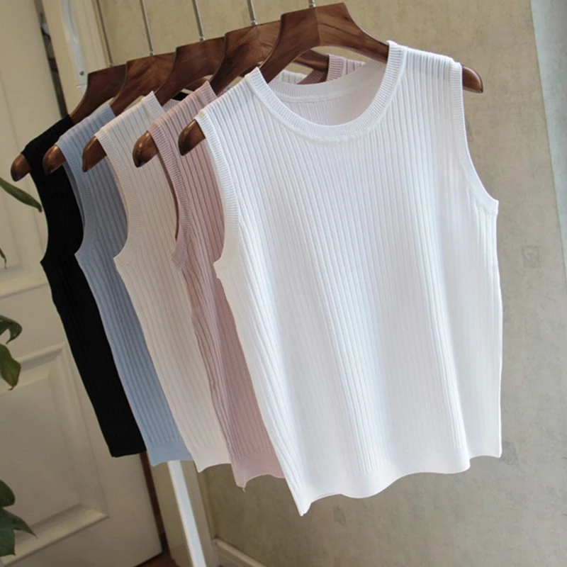 

8 Colors Ice Silk Sexy Knitted Crop Top Women Cropped Vest Sling Knitted Tank Top O-neck Camisole High Elastic Camis Summer Tops