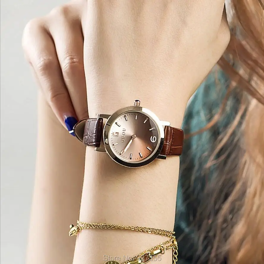

6 Colors New Arrival Hongkong Brand Women Gradient color Watches Austrian Crystal Real Leather Band Women Dress Watches