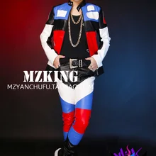 GD BIGBANG концертный стиль Мужские певцы красный белый синий кожаный пиджак танцор DJ шоу пальто платье для выступлений на сцене костюмы! S-5XL