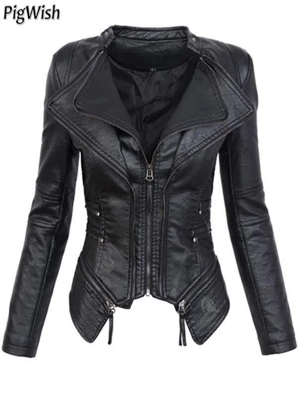 2018 Autumn Women faux Leather Jacket Coats Black moto