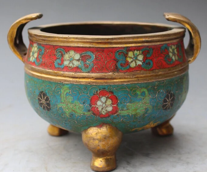 

xd 003427 4" Marked Chinese Cloisonne Enamel Bronze Gilt 3 Foot incense burner Censer