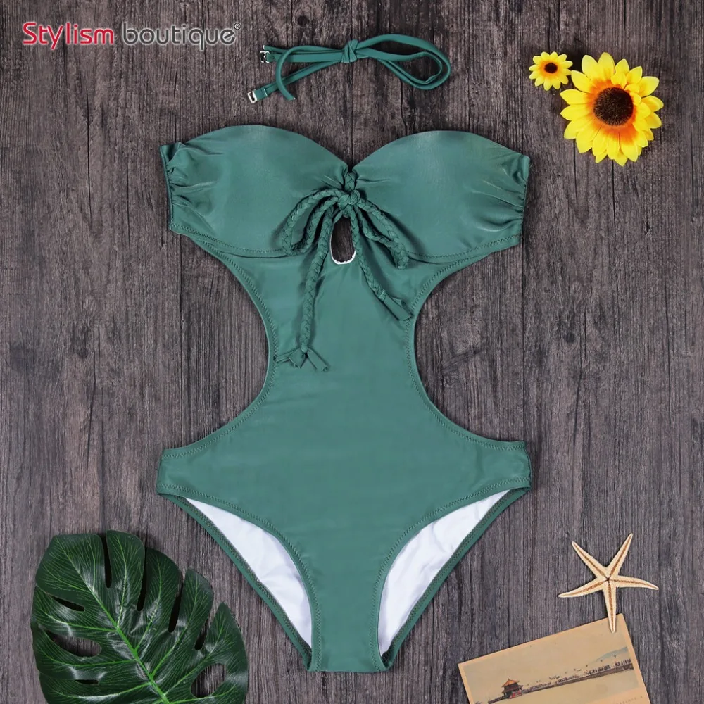 Green Push Up One Piece Swimsuit Bandage Monokini Sexy Swimwear Women ...