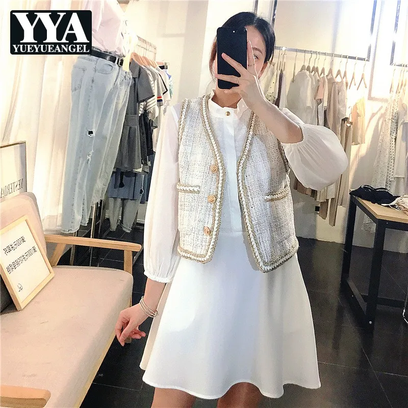 

New Fashion Women Sleeveless Tweed Jacket Twill Short Vest V Neck Outwear Waistcoat Female Slim Fit Single Breasted Pockets Vest