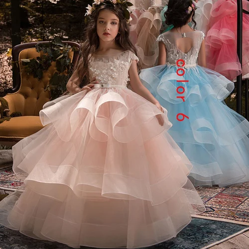 Новое поступление, роскошные кружевные платья с аппликацией для первого причастия для маленьких девочек, платье принцессы для девочек длиной до пола с открытой спиной - Цвет: color 6