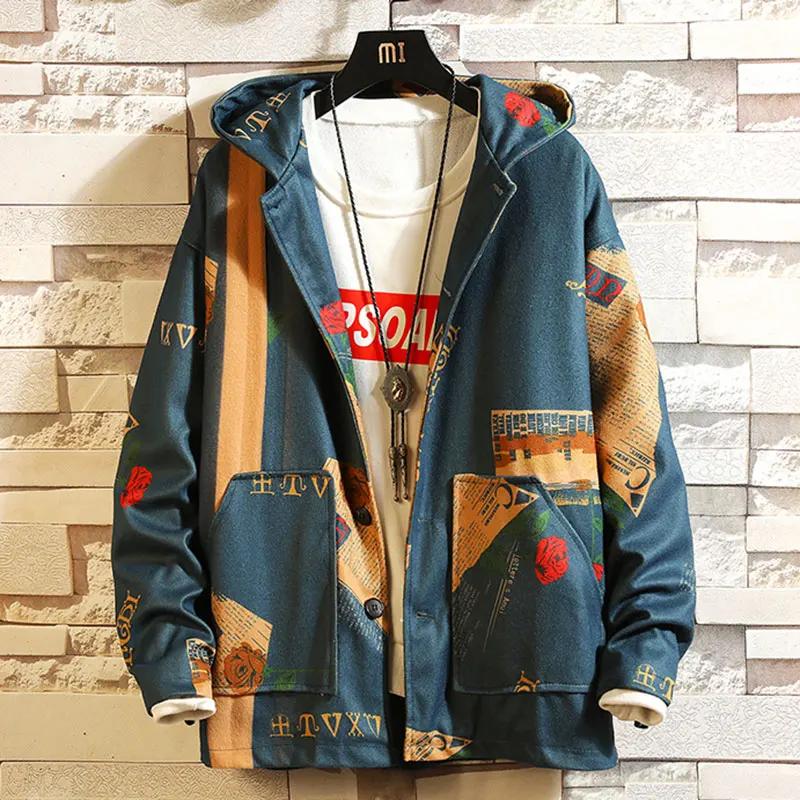Aolamegs INS куртка-бомбер с капюшоном Мужская Уличная ветровка с цветочным принтом Мужская корейская мода осенние куртки пальто уличное пальто - Цвет: Blue