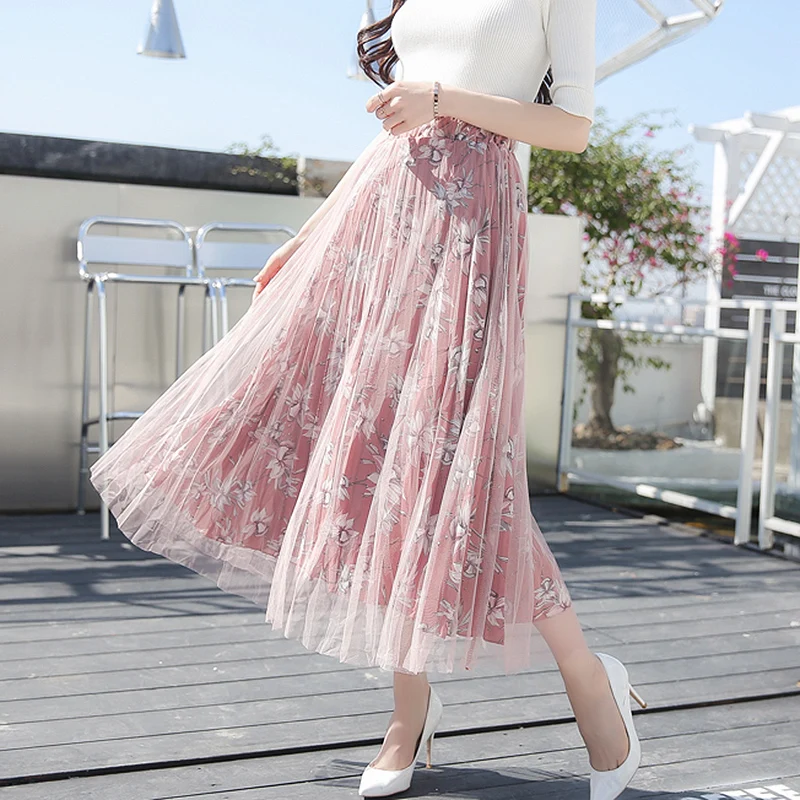 2018 Summer skirts women boho floral print pleated long skirt elegant