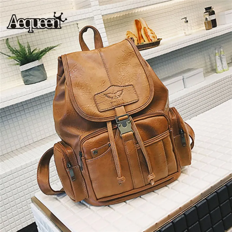 

AEQUEEN Brown Vintage Backpack School Bags Teenage Girl Backpacks College Student Bagpack Retro Leather Bag Women Travel Bags