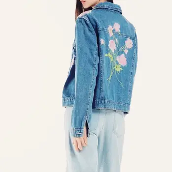 

Autumn Nice Summer High Quality Women Fashion Flowers Embroidery Denim Jackets Coat V-neck Basic Jacket Bomber Jeans Jacket