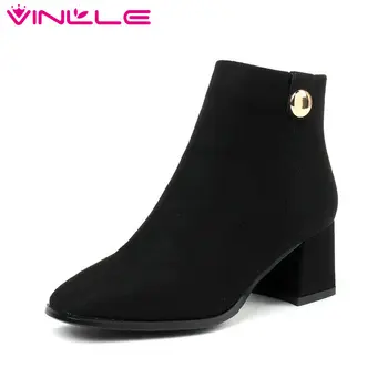 

VINLLE 2020 Women Motorcycle Boots Flock Square High Heel Fashion Sexy Winter Shoes Platform Elegant Women Boots Size 34-43