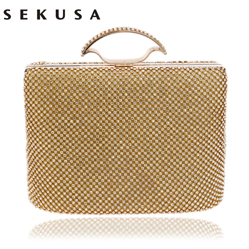 SEKUSA النساء حقيبة مساء كريستال مليء الماس معدنية أنيقة سيدة اليوم حقائب اليد الفضة/الذهب/قلادة من سلاسل سوداء معدنية حقيبة كتف