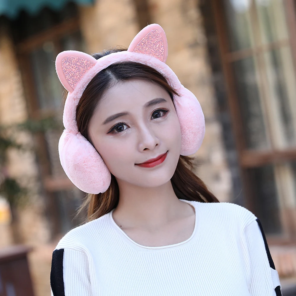 Детские зимние Пушистые кошачьи блестки милые женские Наушники Earflap Earcap Ear Warmer Cover Earmuffs модные кошачьи уши блестящие наушники для женщин