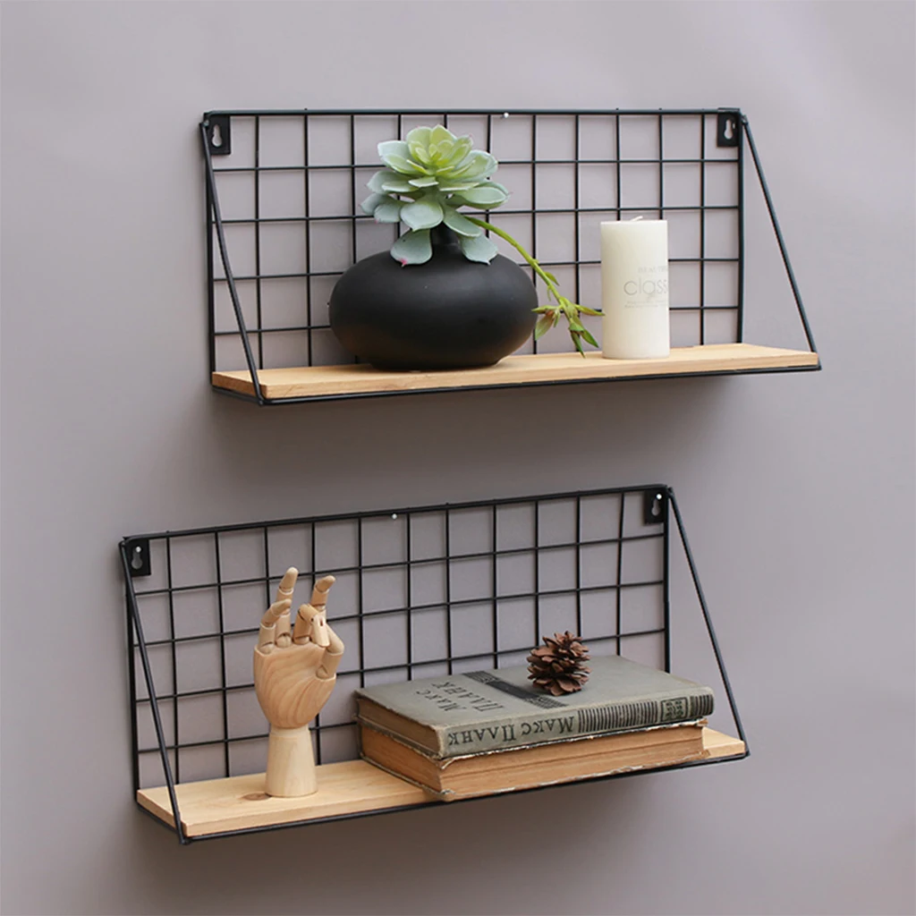 Baoblaze Metal & Wooden Wall Grid Hanging Shelf Kitchen Bathroom Decor Home Furnishing Storage