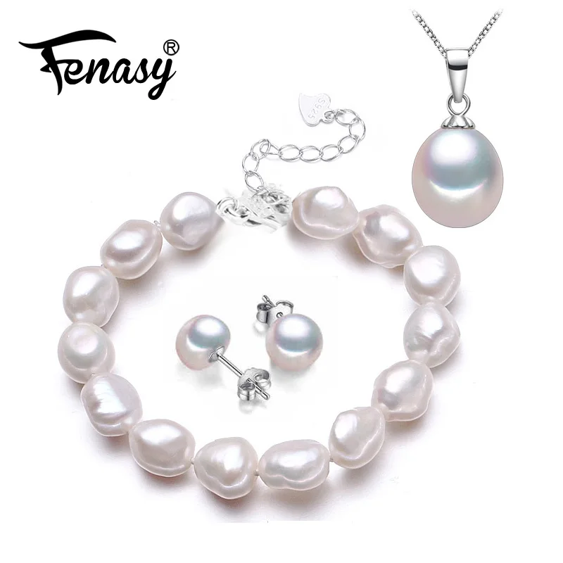 

FENASY Trendy Natural Pearl Bracelet Necklaces & Pendants Earrings Jewelry Sets For Women Pearl Necklace Earring Bracelet