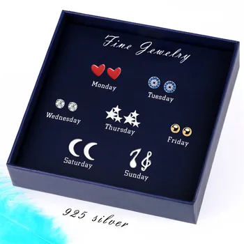 

PONYKISS Romantic 7pairs/set Weekly Jewelry 925 Silver Geometric Stud Earrings Women Party Delicate Accessory Chic Festival Gift