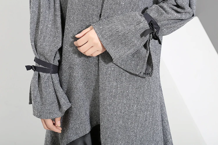 2020 Autumn Winter Women Plus Size Gray Shirt Dress Midi Long Sleeve Patchwork Thick Warm Ruffled Elegant Party Dress Style 3073