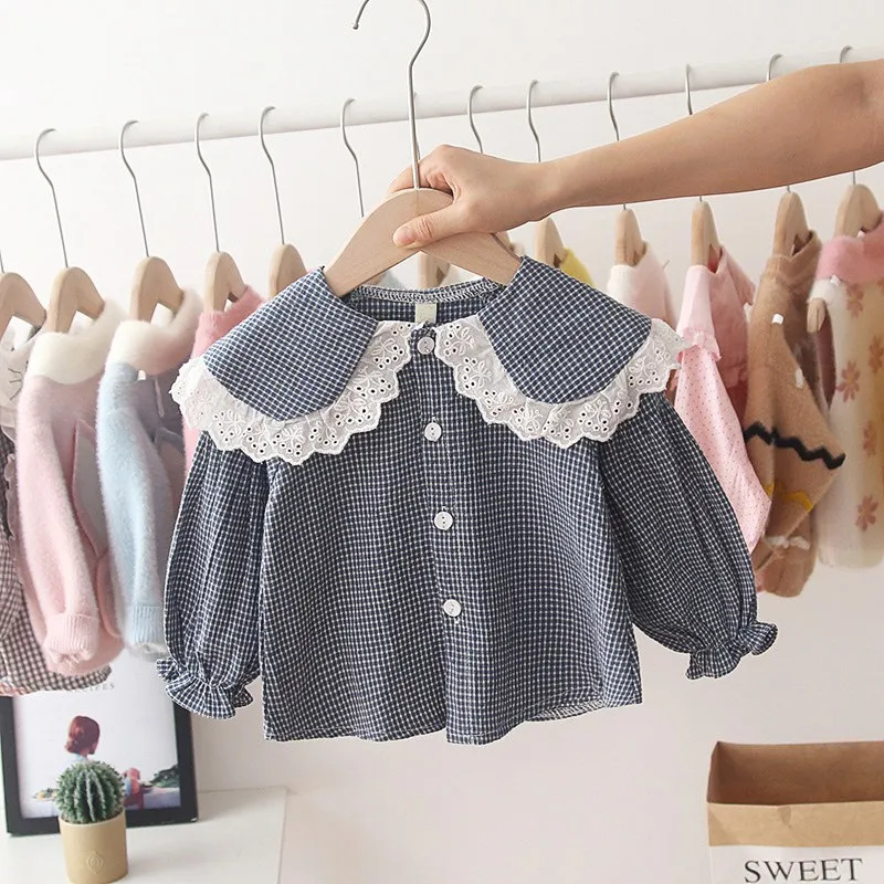 Коллекция года, Осенняя детская рубашка для маленьких девочек кружевные топы с длинными рукавами, одежда для маленьких детей рубашки принцессы, S9410 - Цвет: Blue